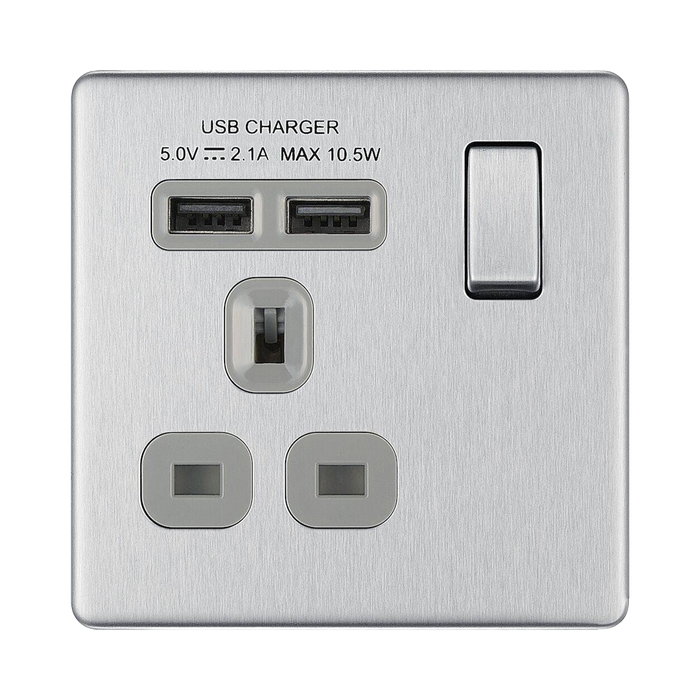 BG Nexus Screwless Brushed Steel 13A Single USB Socket FBS21U2G