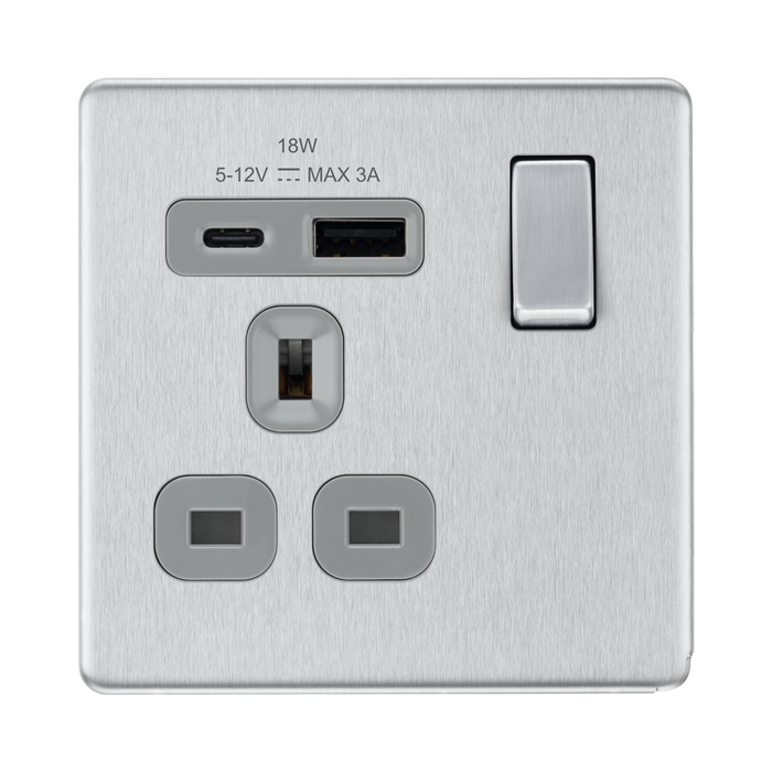 Front view of BG Nexus Screwless Brushed Steel 13A Single USB A+C 18W Socket