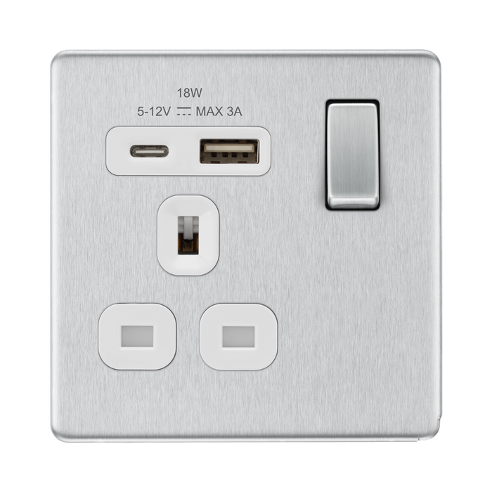 Front view of BG Nexus Screwless Brushed Steel 13A Single USB A+C 18W Socket