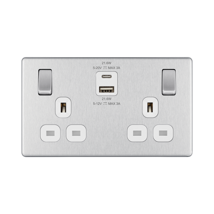 Front view of BG Nexus Screwless Brushed Steel 13A Double USB 22W A+C Ports