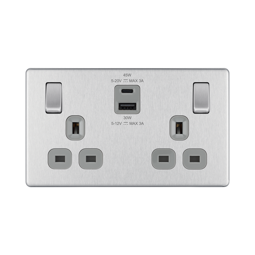 Front view of BG Nexus Screwless Brushed Steel 13A Double USB 45W A+C Ports