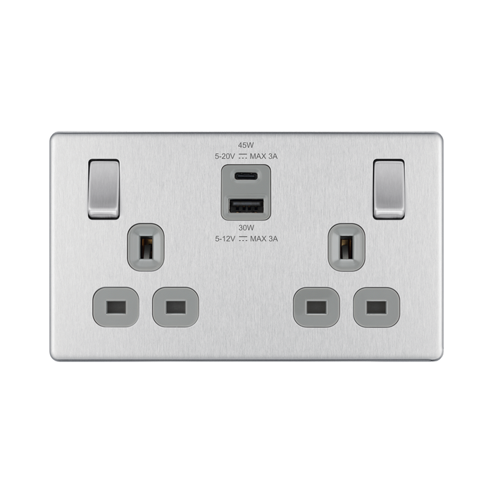 Front view of BG Nexus Screwless Brushed Steel 13A Double USB 45W A+C Ports