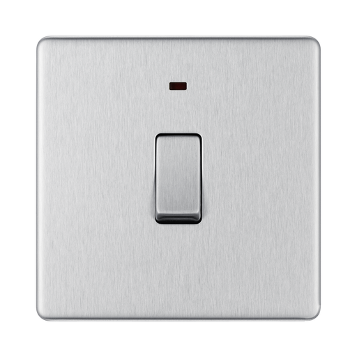 Front view of BG Nexus Screwless Brushed Steel 20A Double Pole Switch with Neon
