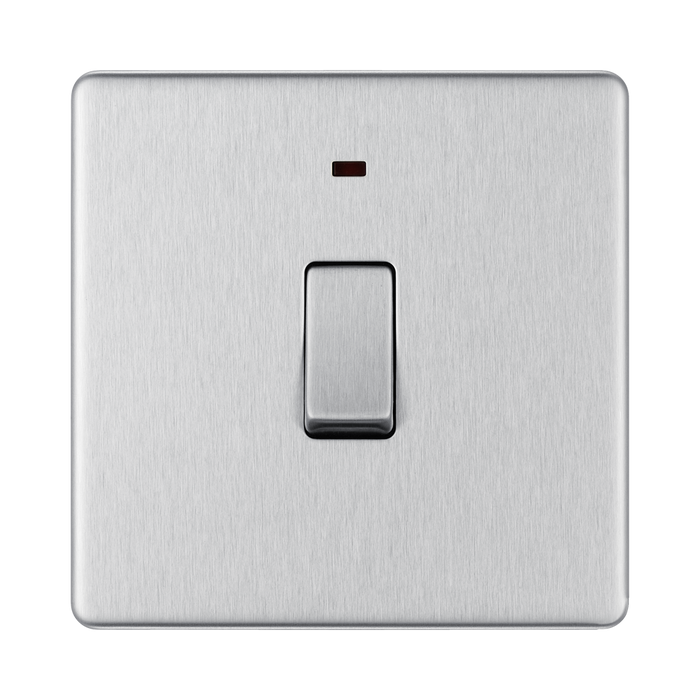Front view of BG Nexus Screwless Brushed Steel 20A Double Pole Switch with Neon