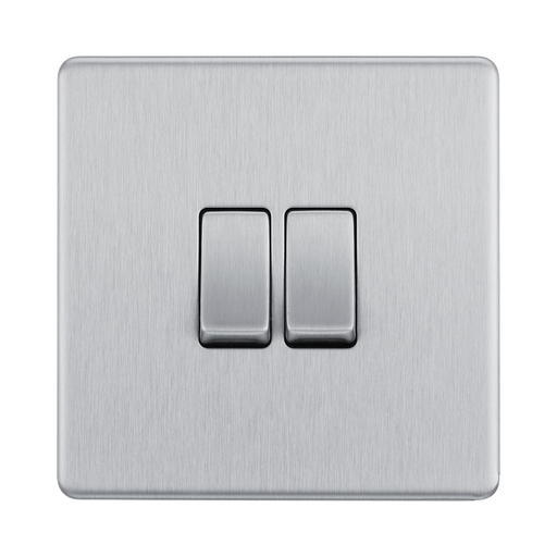 Front view of BG Nexus Screwless Brushed Steel 2G 2W Light Switch