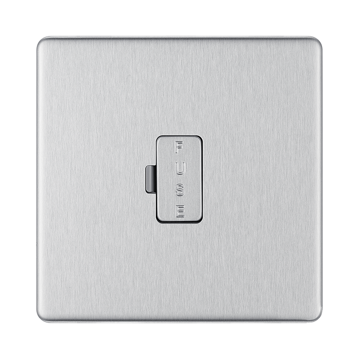 Front view of BG Nexus Screwless Brushed Steel 13A Unswitched Spur