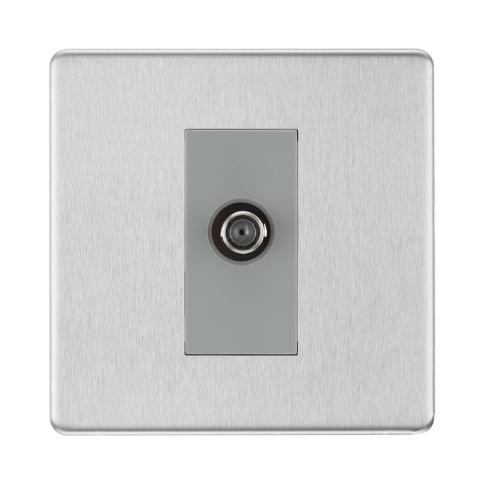 Front view of BG Nexus Screwless Brushed Steel Satellite Socket FBS64G