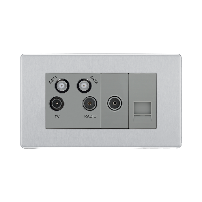 Front view of BG Nexus Screwless Brushed Steel Combination TV Socket FBS69G