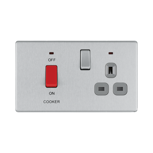Front view of BG Nexus Screwless Brushed Steel Cooker Switch with 13A Socket