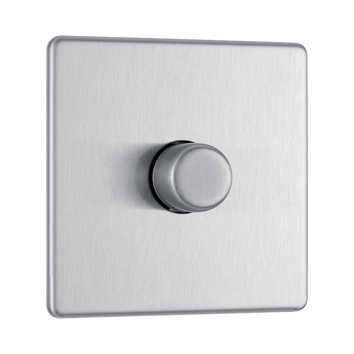 Front view of BG Nexus Screwless Brushed Steel 1G Dimmer Switch
