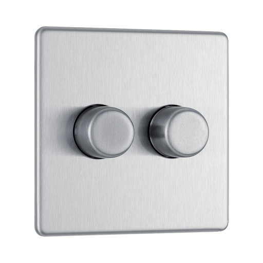 Front view of BG Nexus Screwless Brushed Steel 2G Dimmer Switch