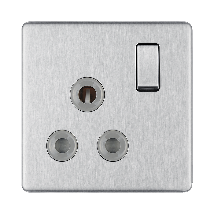 Front view of BG Nexus Screwless Brushed Steel 15A Switched Socket
