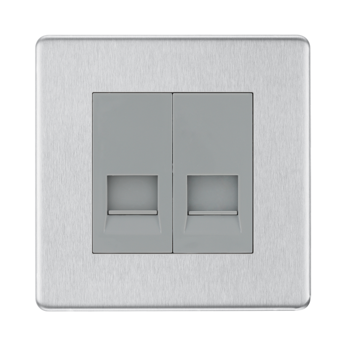 Front view of BG Nexus Screwless Brushed Steel Double Master Telephone Socket