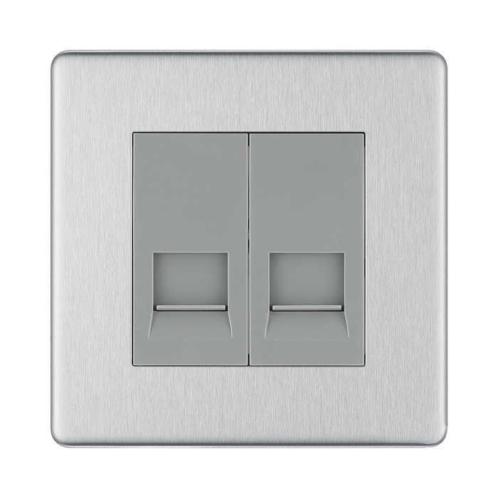 Front view of BG Nexus Screwless Brushed Steel Double Secondary Telephone Socket