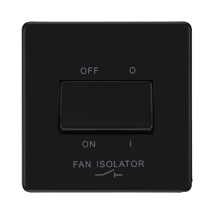 Front view of BG Flatplate Screwless Matt Black Fan Isolator Switch
