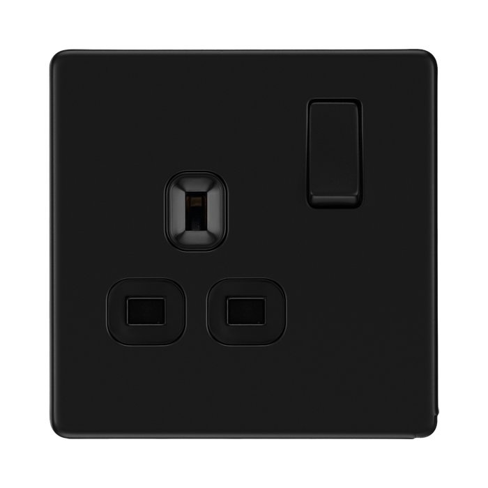 Front view of BG Flatplate Screwless Matt Black 13A Single Socket