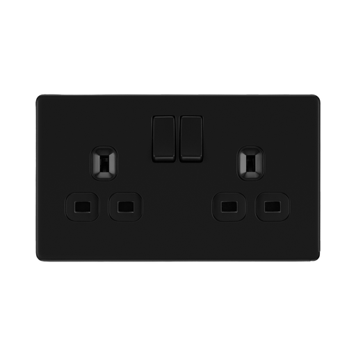 Front view of BG Flatplate Screwless Matt Black 13A Double Socket