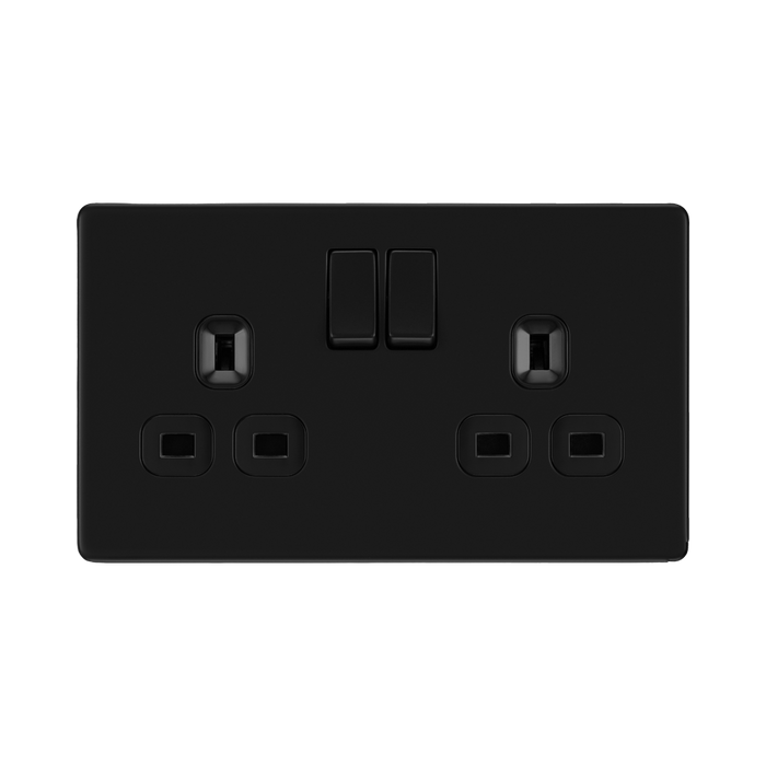 Front view of BG Flatplate Screwless Matt Black 13A Double Socket