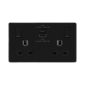 Front view of BG Flatplate Screwless Matt Black 13A Double USB Socket with 22W A+C