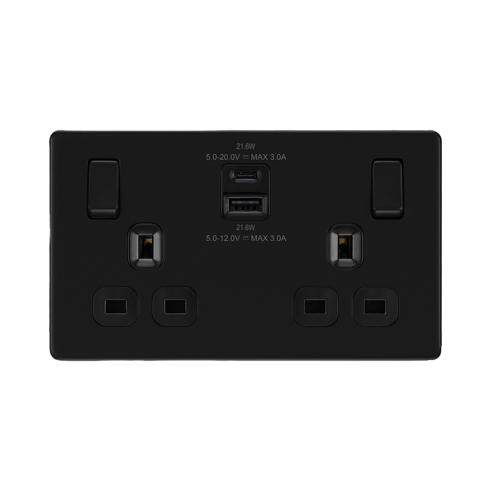 Front view of BG Flatplate Screwless Matt Black 13A Double USB Socket with 22W A+C