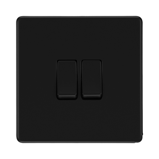 Front view of BG Flatplate Screwless Matt Black 2G Intermediate Light Switch FFB2GINT