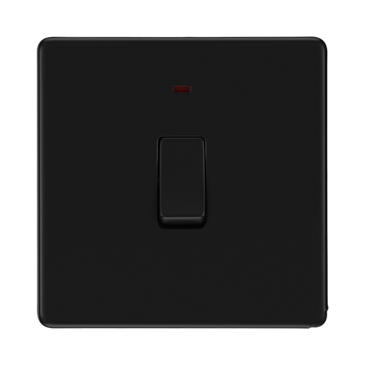 Front view of BG Flatplate Screwless Matt Black 20A Double Pole Switch with Neon