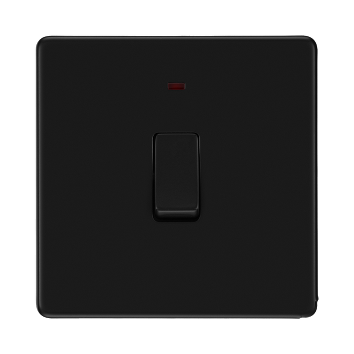 Front view of BG Flatplate Screwless Matt Black 20A Double Pole Switch with Neon