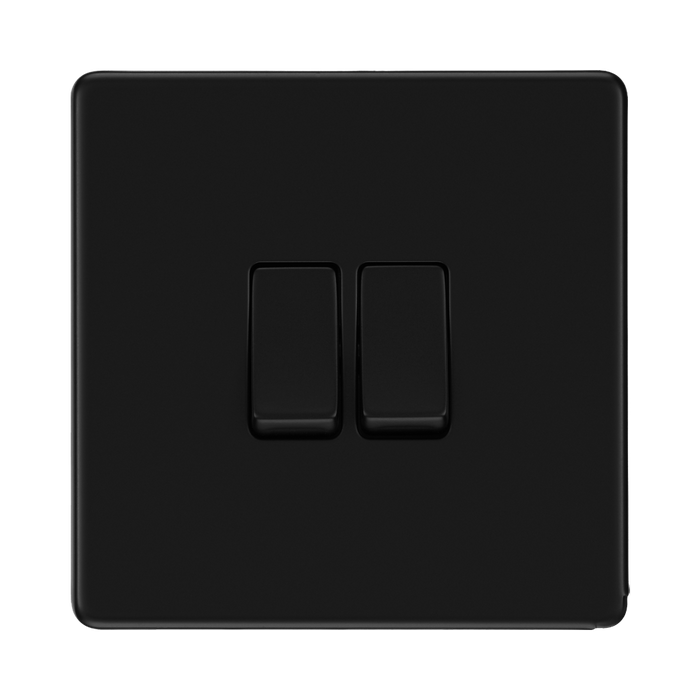 Front view of BG Flatplate Screwless Matt Black 2G 2W Light Switch