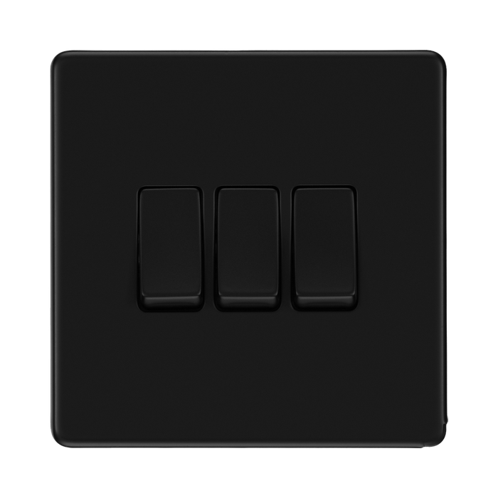 Front view of BG Flatplate Screwless Matt Black 3G 2W Light Switch