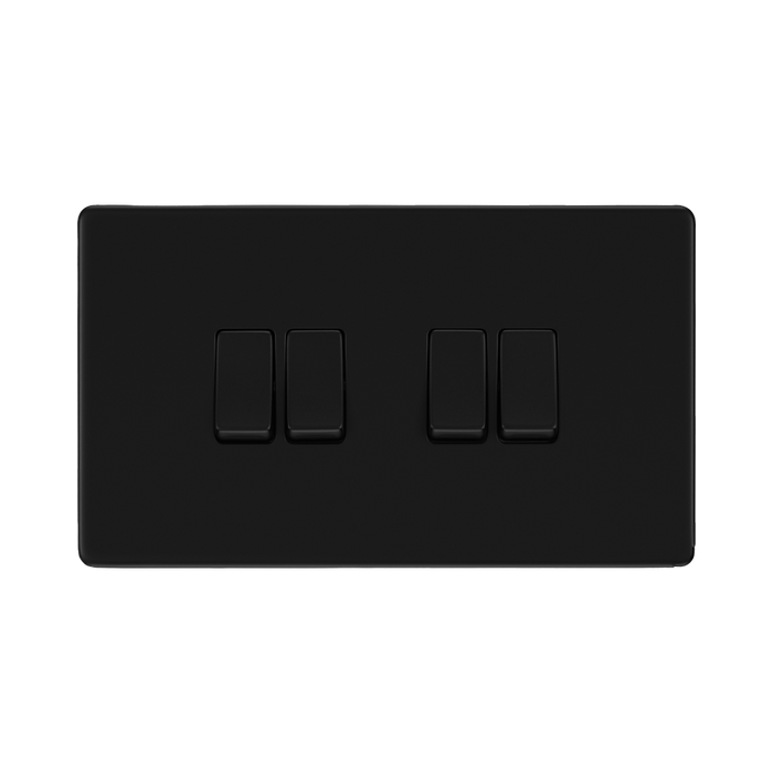 Front view of BG Flatplate Screwless Matt Black 4G 2W Light Switch