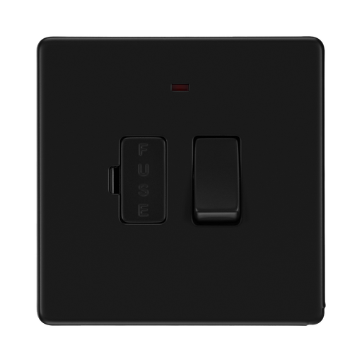 Front view of BG Flatplate Screwless Matt Black 13A Switched Spur Neon