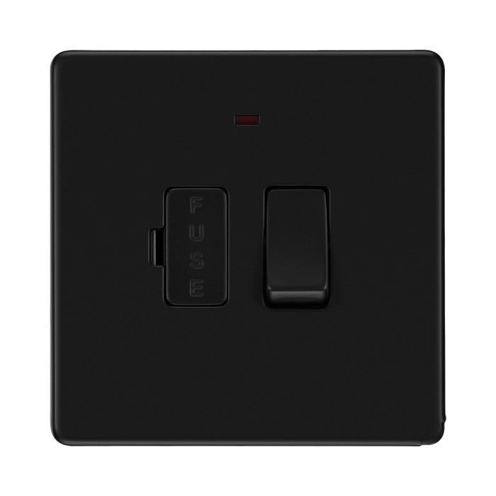 Front view of BG Flatplate Screwless Matt Black 13A Switched Spur Neon