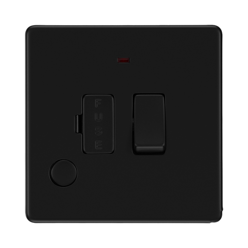 Front view of BG Flatplate Screwless Matt Black 13A Switched Spur Neon & Flex