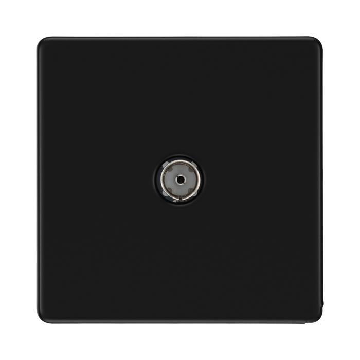 Front view of BG Flatplate Screwless Matt Black Co-axial Socket