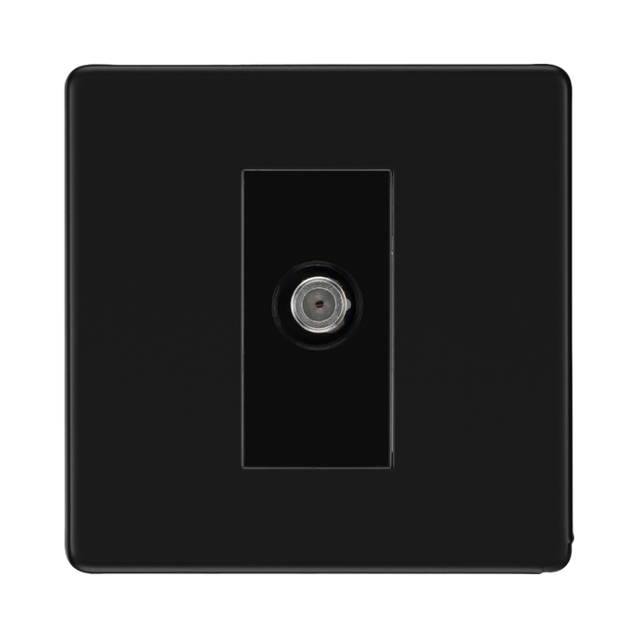 Front view of BG Flatplate Screwless Matt Black Satellite Socket
