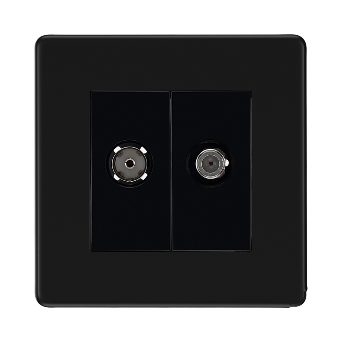 Front view of BG Flatplate Screwless Matt Black TV & Satellite Socket