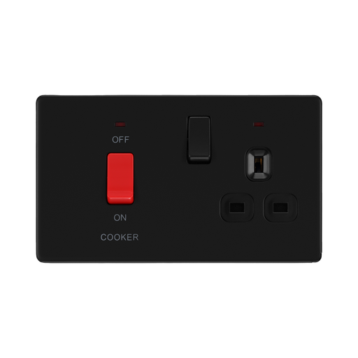 Front view of BG Flatplate Screwless Matt Black 45A Cooker Switch with 13A Socket