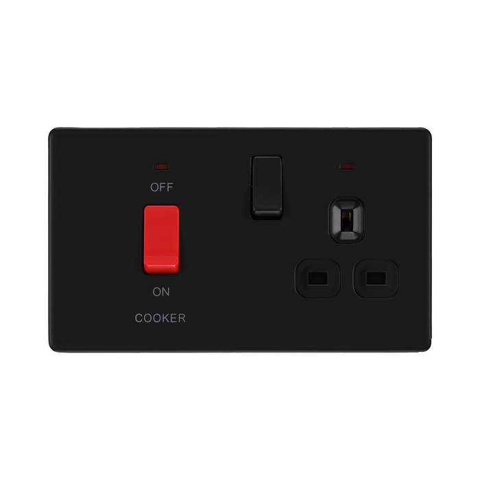 Front view of BG Flatplate Screwless Matt Black 45A Cooker Switch with 13A Socket