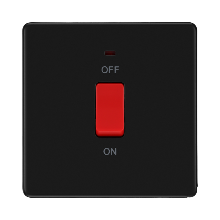 Front view of BG Flatplate Screwless Matt Black 45A Cooker Switch