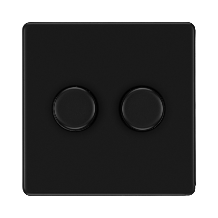 Front view of BG Flatplate Screwless Matt Black 2G Dimmer Switch