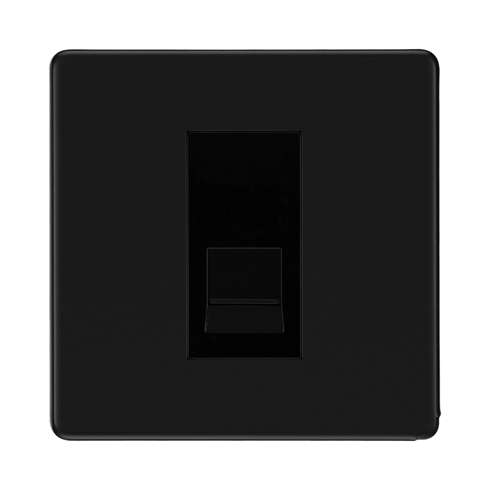 Front view of BG Flatplate Screwless Matt Black Master Telephone Socket