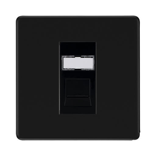 Front view of BG Flatplate Screwless Matt Black RJ45 Cat5E Data Outlet