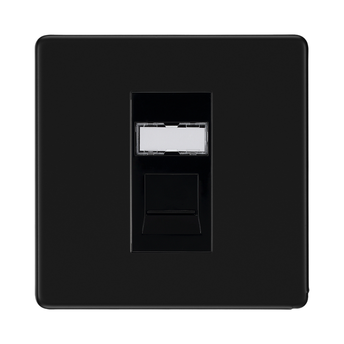 Front view of BG Flatplate Screwless Matt Black RJ45 Cat5E Data Outlet