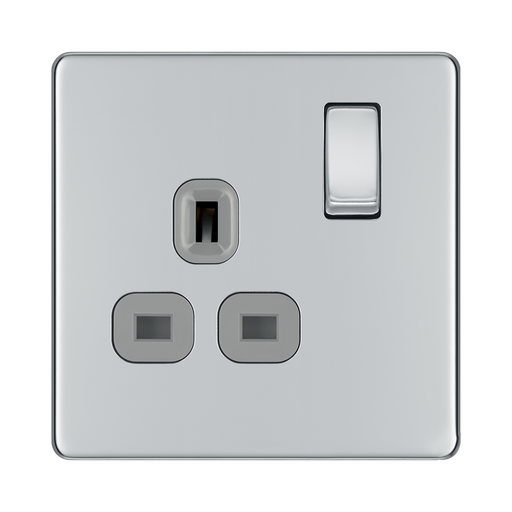 Front view of BG Nexus Screwless Polished Chrome 13A Single Socket