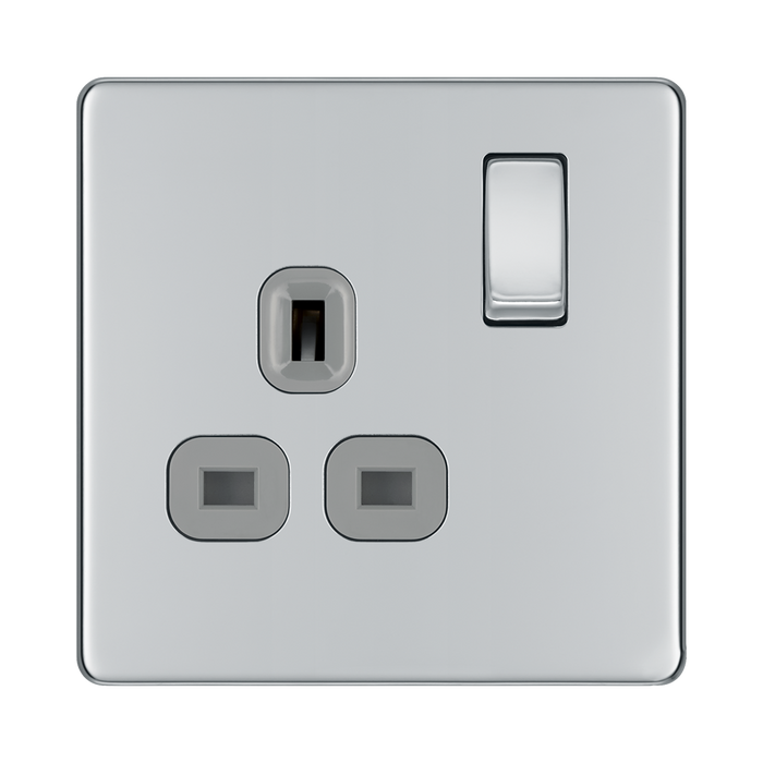 Front view of BG Nexus Screwless Polished Chrome 13A Single Socket