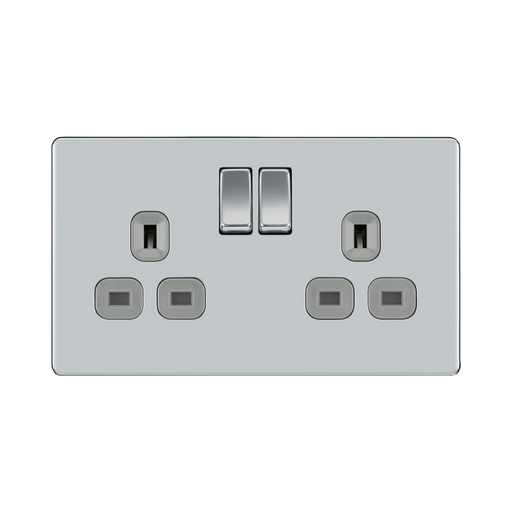 Front view of BG Nexus Screwless Polished Chrome 13A Double Socket