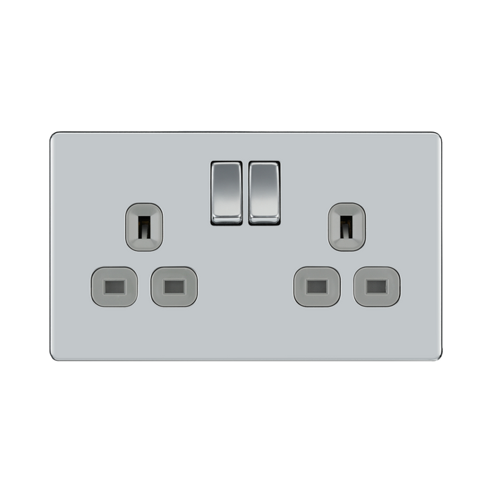 Front view of BG Nexus Screwless Polished Chrome 13A Double Socket