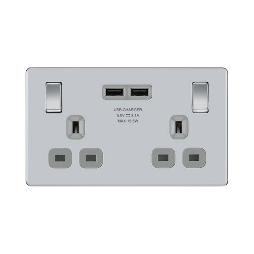 BG Nexus Screwless Polished Chrome 13A Double USB Socket FPC22U3G