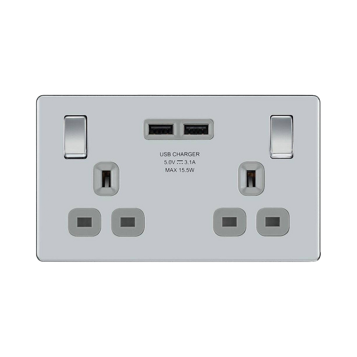 BG Nexus Screwless Polished Chrome 13A Double USB Socket FPC22U3G