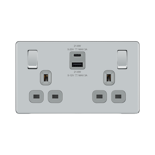 Front view of BG Nexus Screwless Polished Chrome 13A Double USB Socket 22W A+C Ports